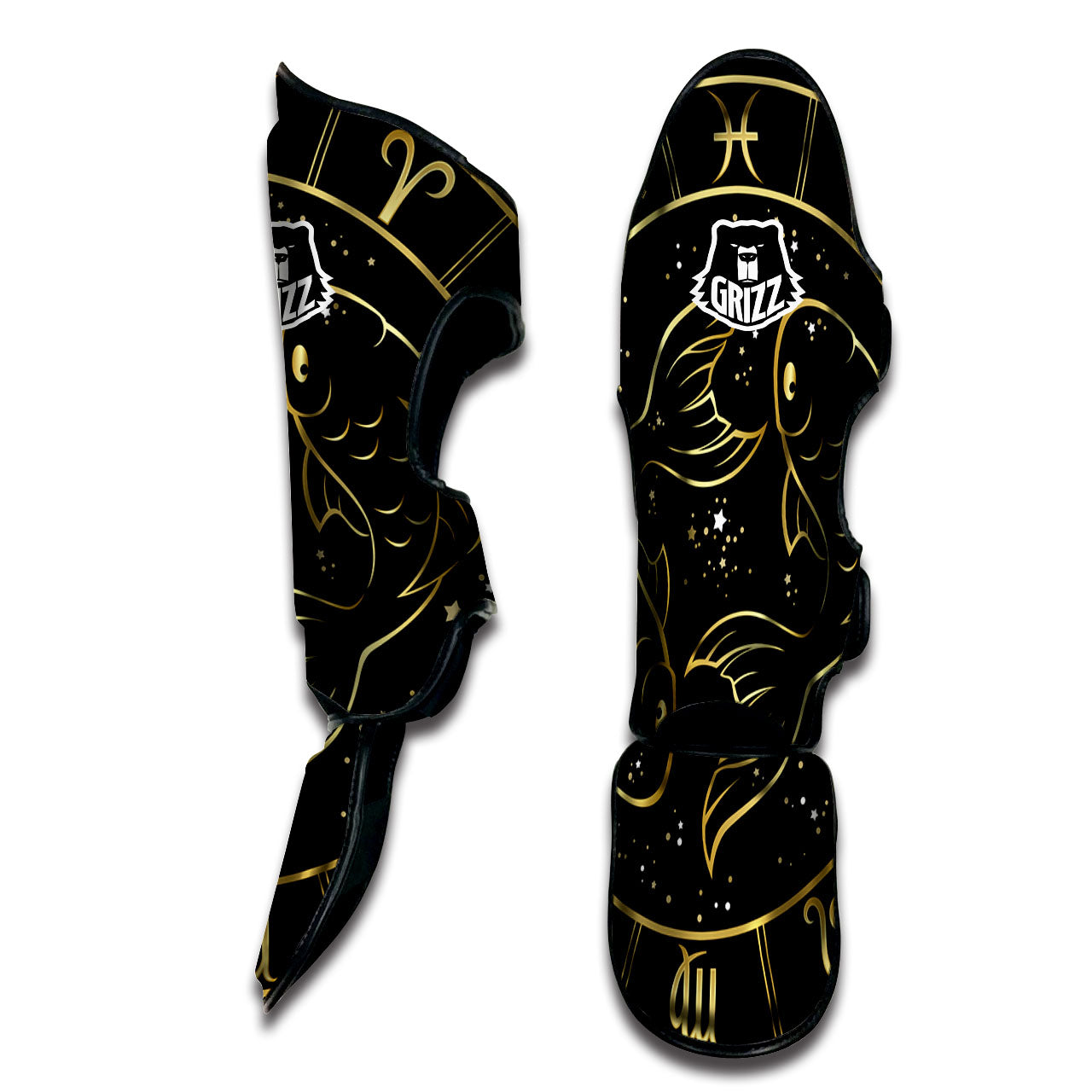 Pisces Sign Black And Gold Print Muay Thai Shin Guards-grizzshop