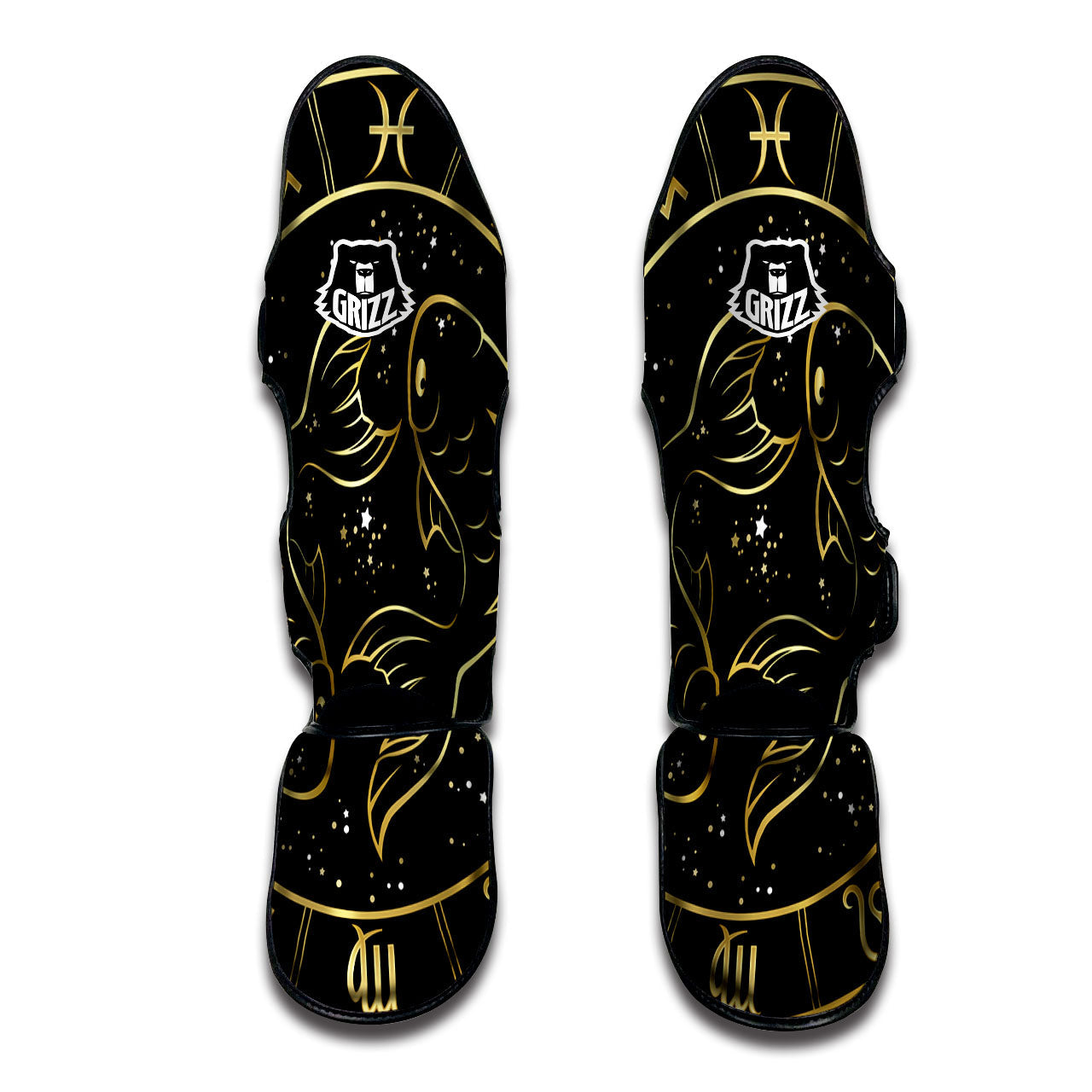 Pisces Sign Black And Gold Print Muay Thai Shin Guards-grizzshop