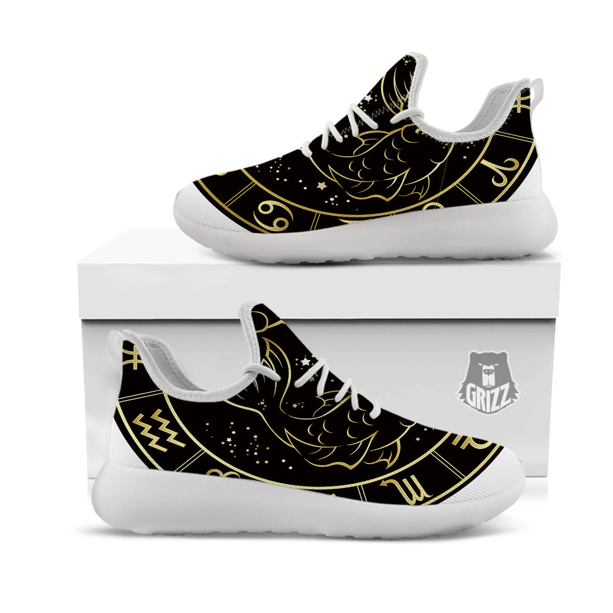 Pisces Sign Black And Gold Print White Athletic Shoes-grizzshop