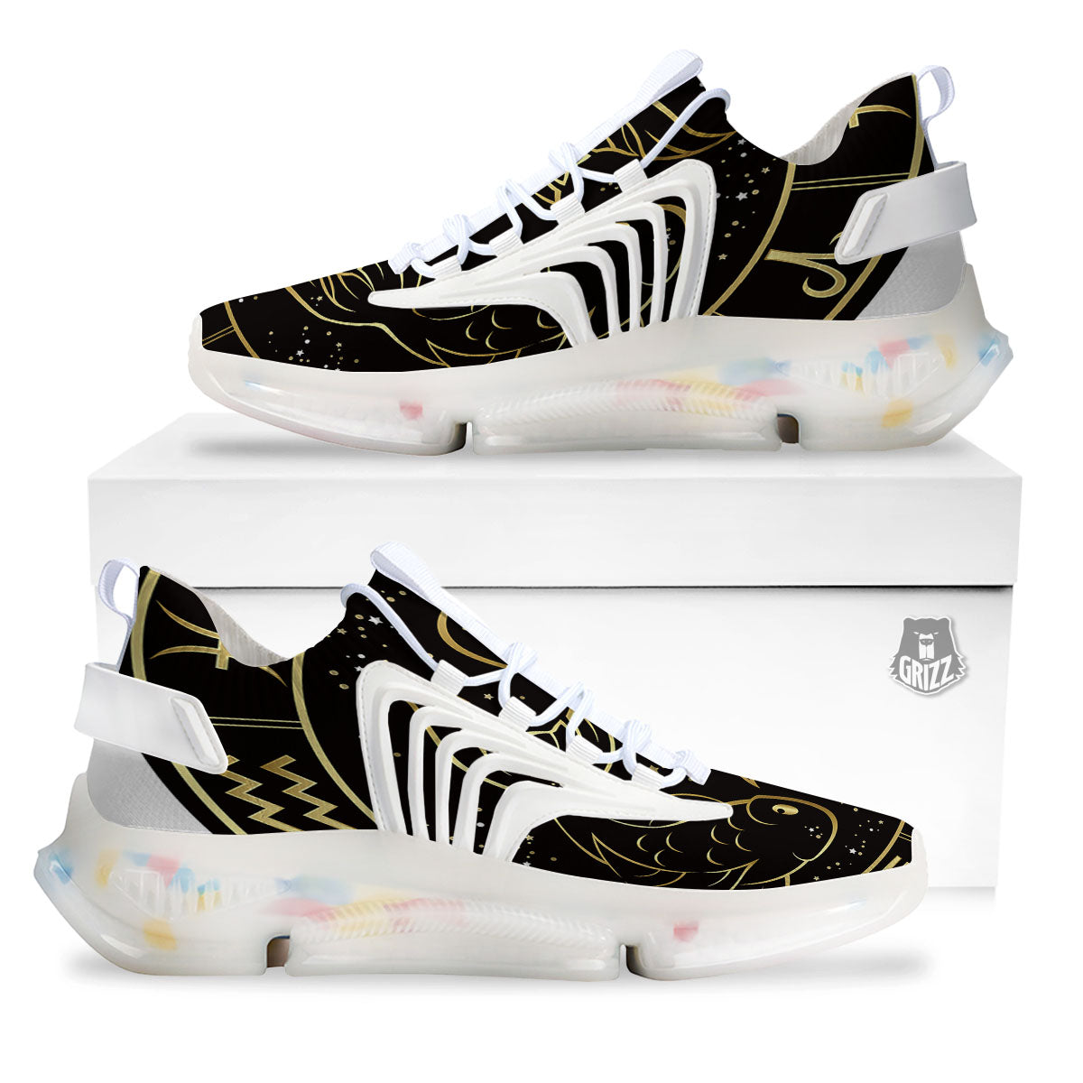 Pisces Sign Black And Gold Print White Gym Shoes-grizzshop
