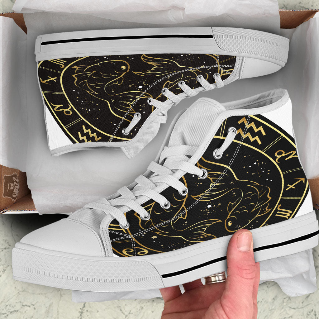 Pisces Sign Black And Gold Print White High Top Shoes-grizzshop