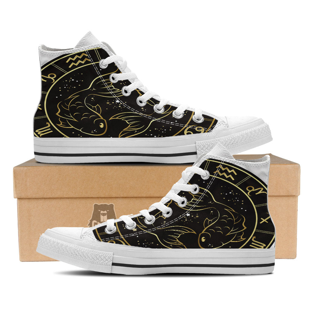 Pisces Sign Black And Gold Print White High Top Shoes-grizzshop