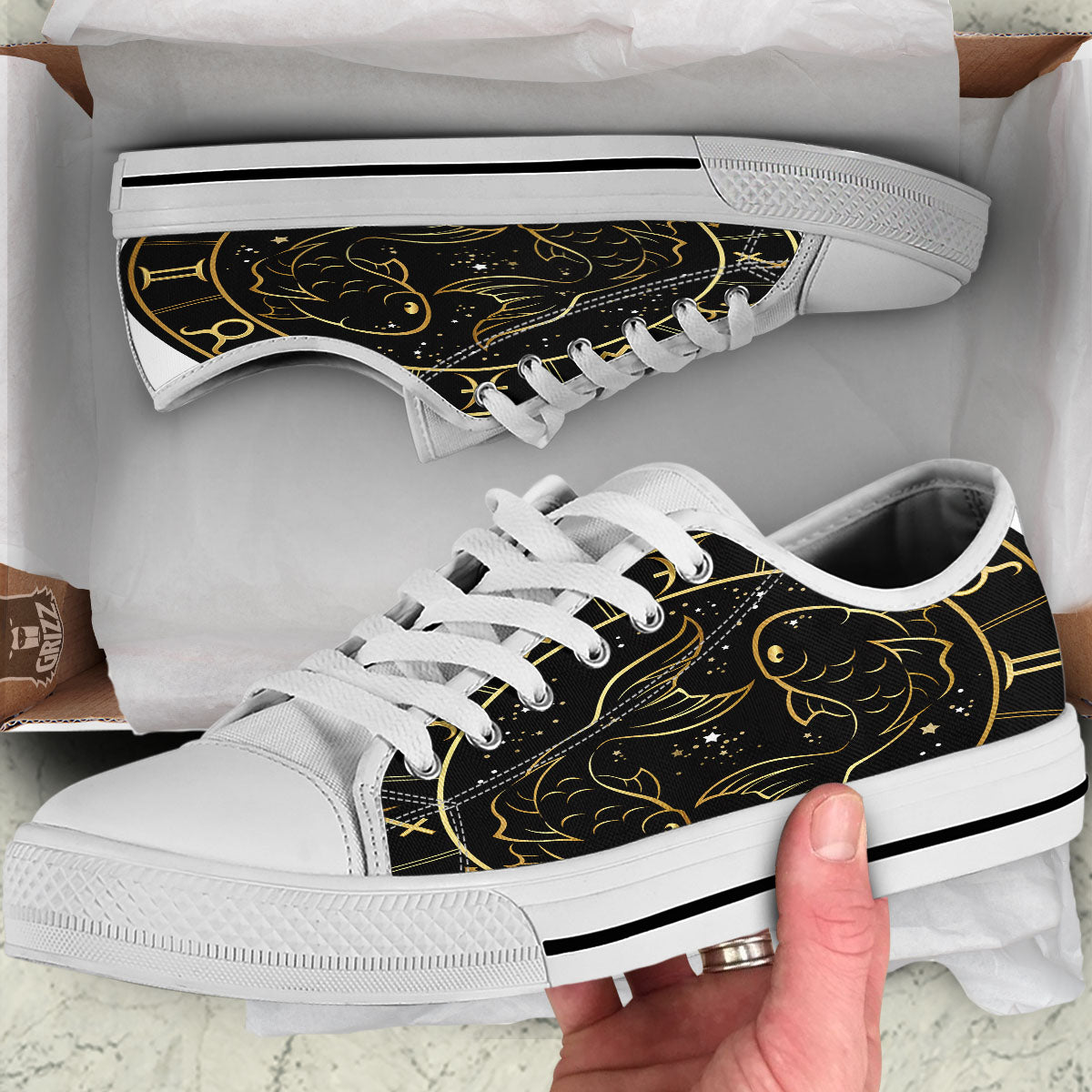Pisces Sign Black And Gold Print White Low Top Shoes-grizzshop