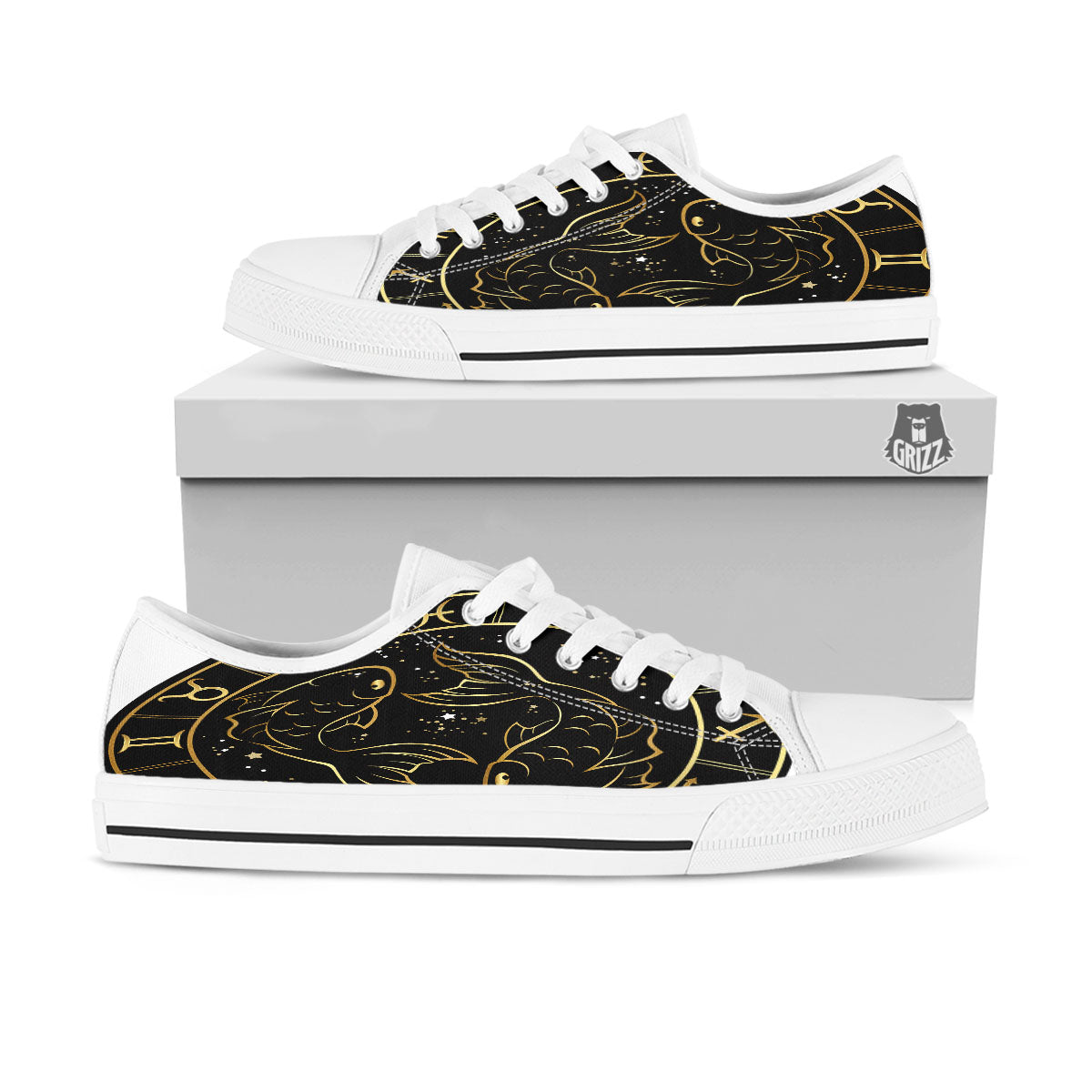 Pisces Sign Black And Gold Print White Low Top Shoes-grizzshop