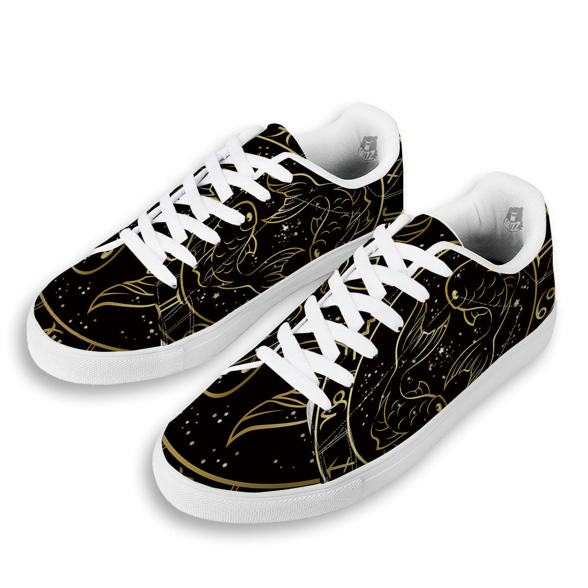 Pisces Sign Black And Gold Print White Low Top Sneakers-grizzshop