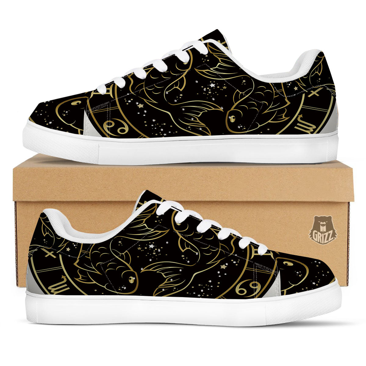 Pisces Sign Black And Gold Print White Low Top Sneakers-grizzshop
