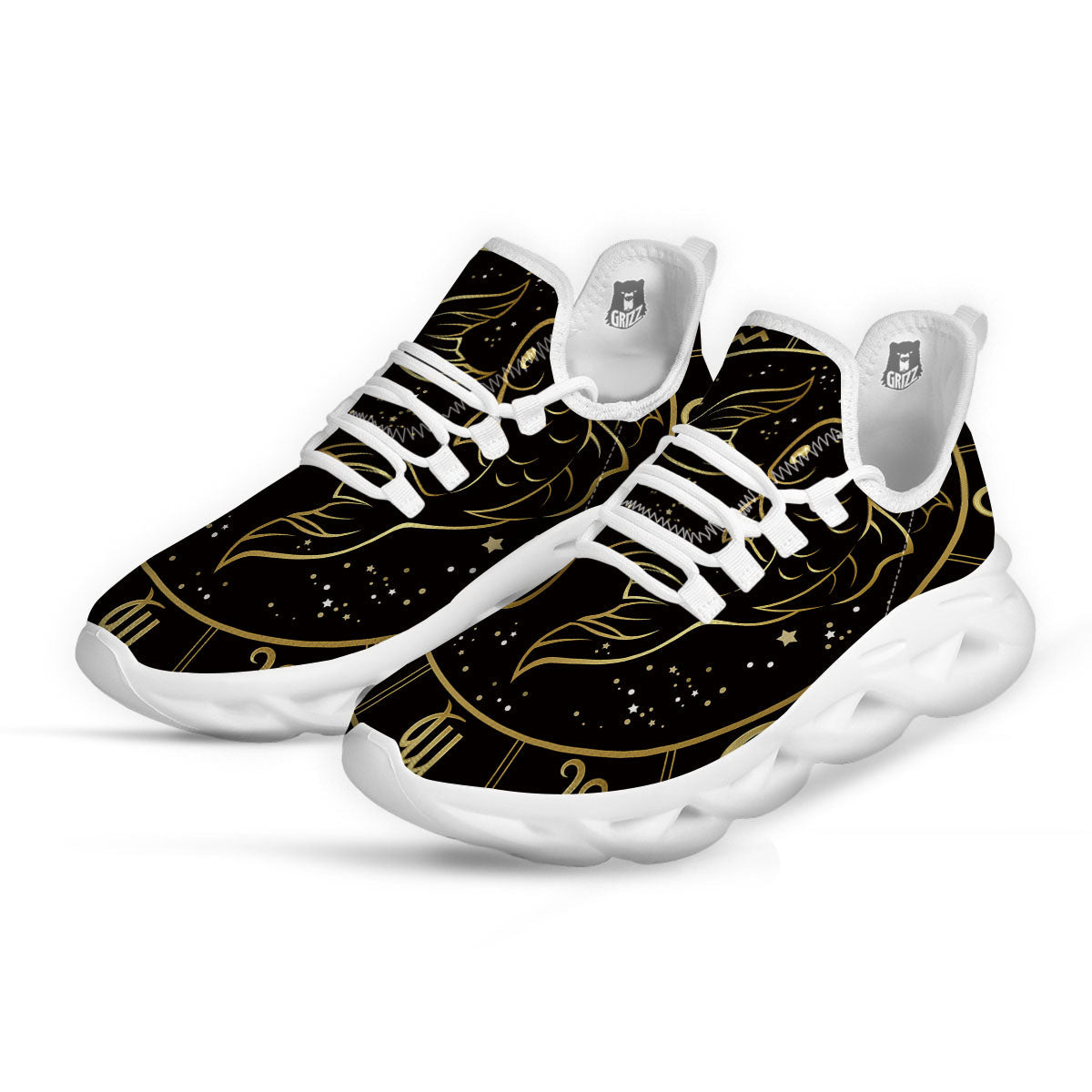 Pisces Sign Black And Gold Print White Running Shoes-grizzshop