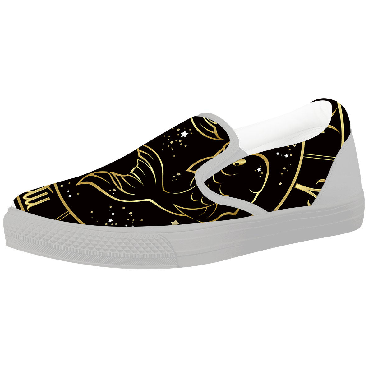 Pisces Sign Black And Gold Print White Slip On Shoes-grizzshop