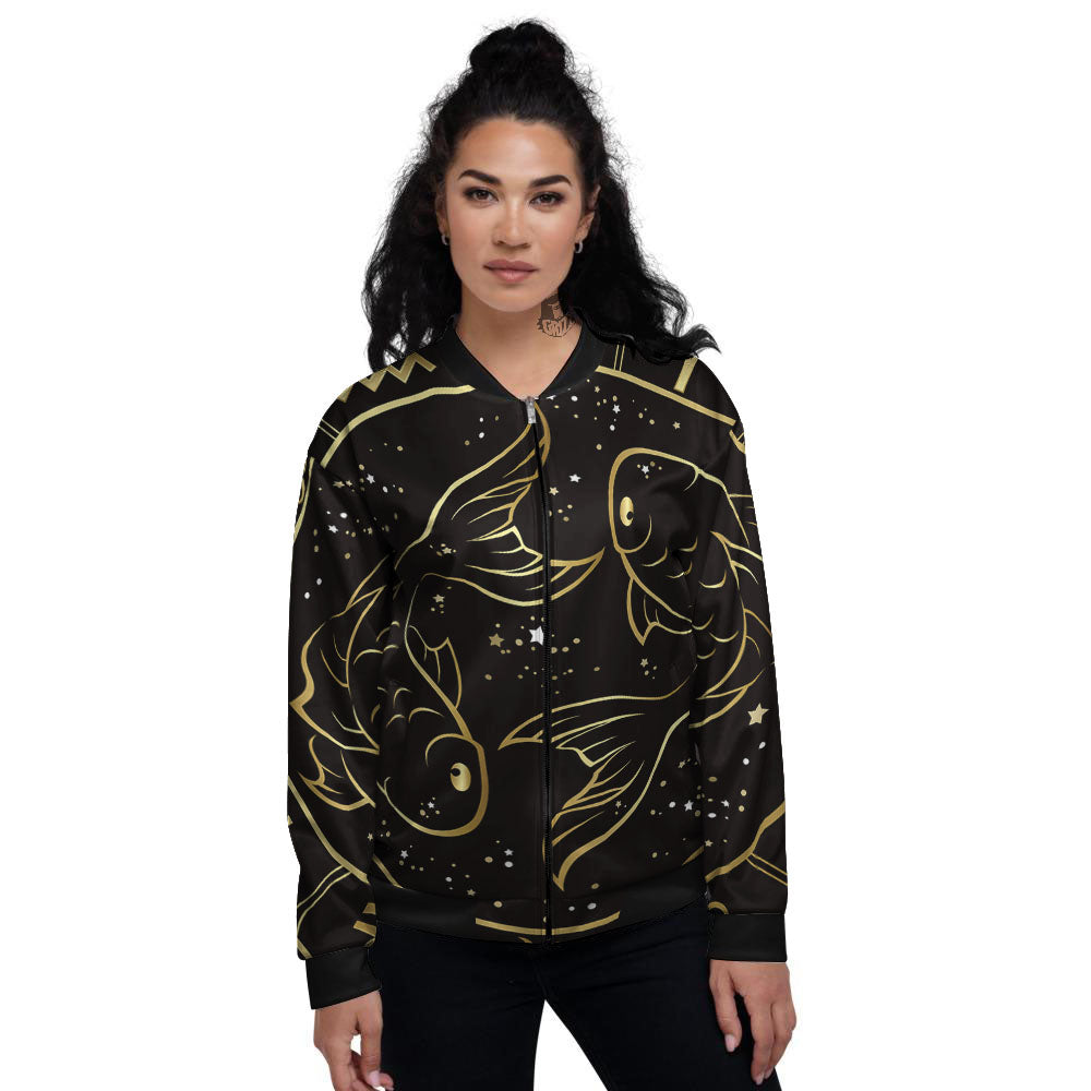 Pisces Sign Black And Gold Print Women's Bomber Jacket-grizzshop