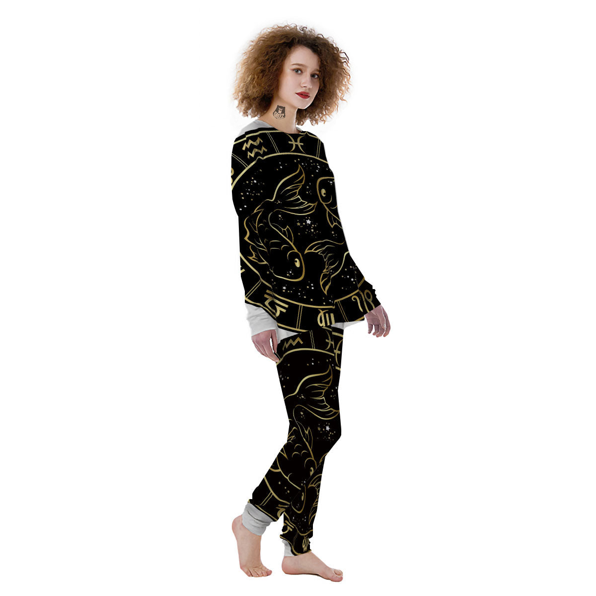 Pisces Sign Black And Gold Print Women's Pajamas-grizzshop