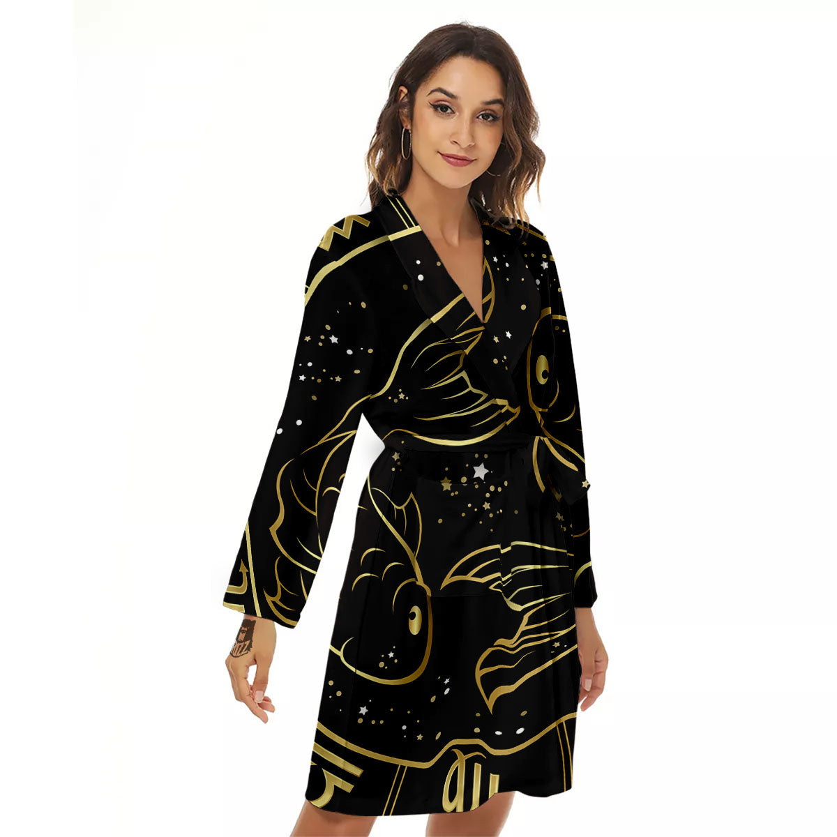 Pisces Sign Black And Gold Print Women's Robe-grizzshop