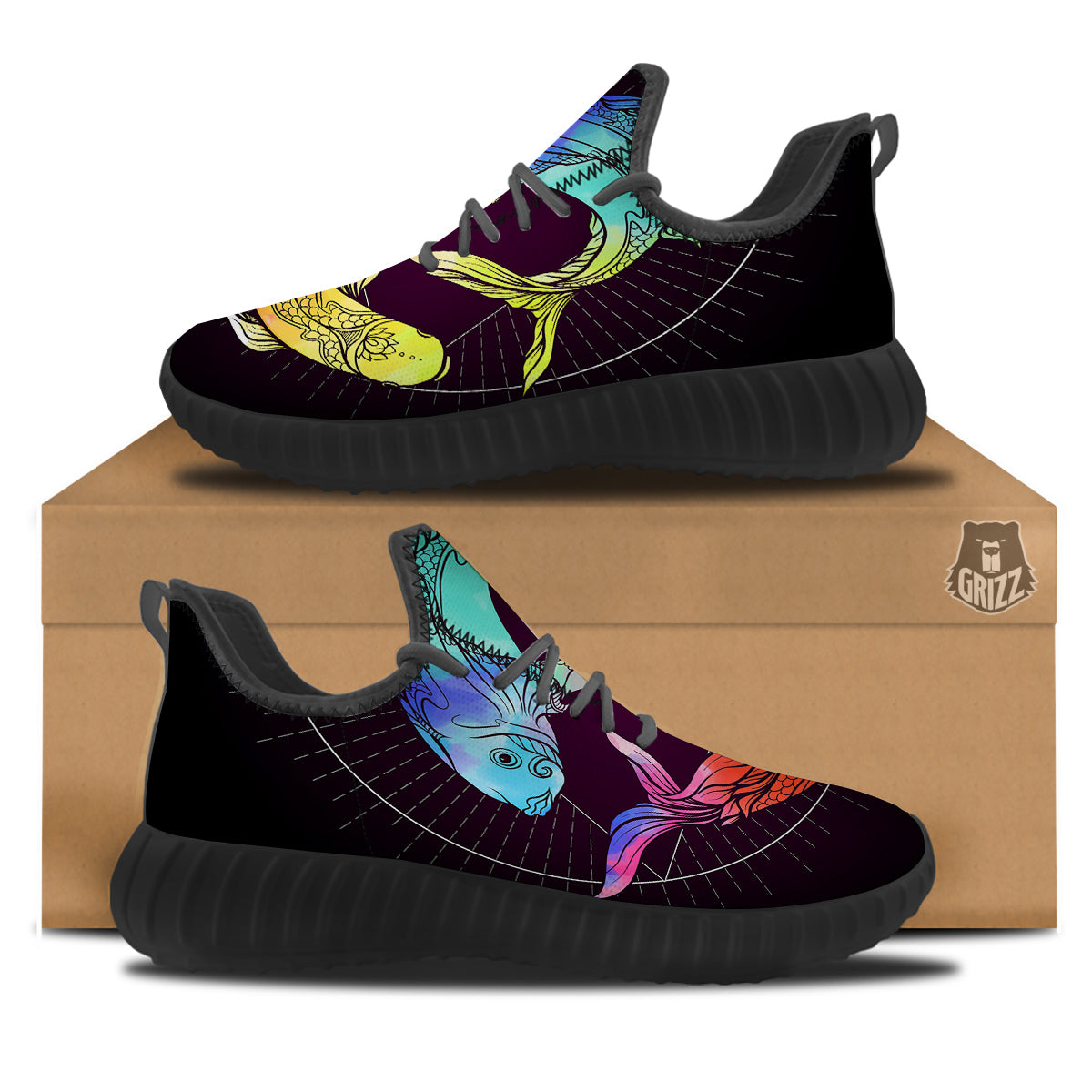 Pisces Sign Colorful Print Black Walking Shoes-grizzshop