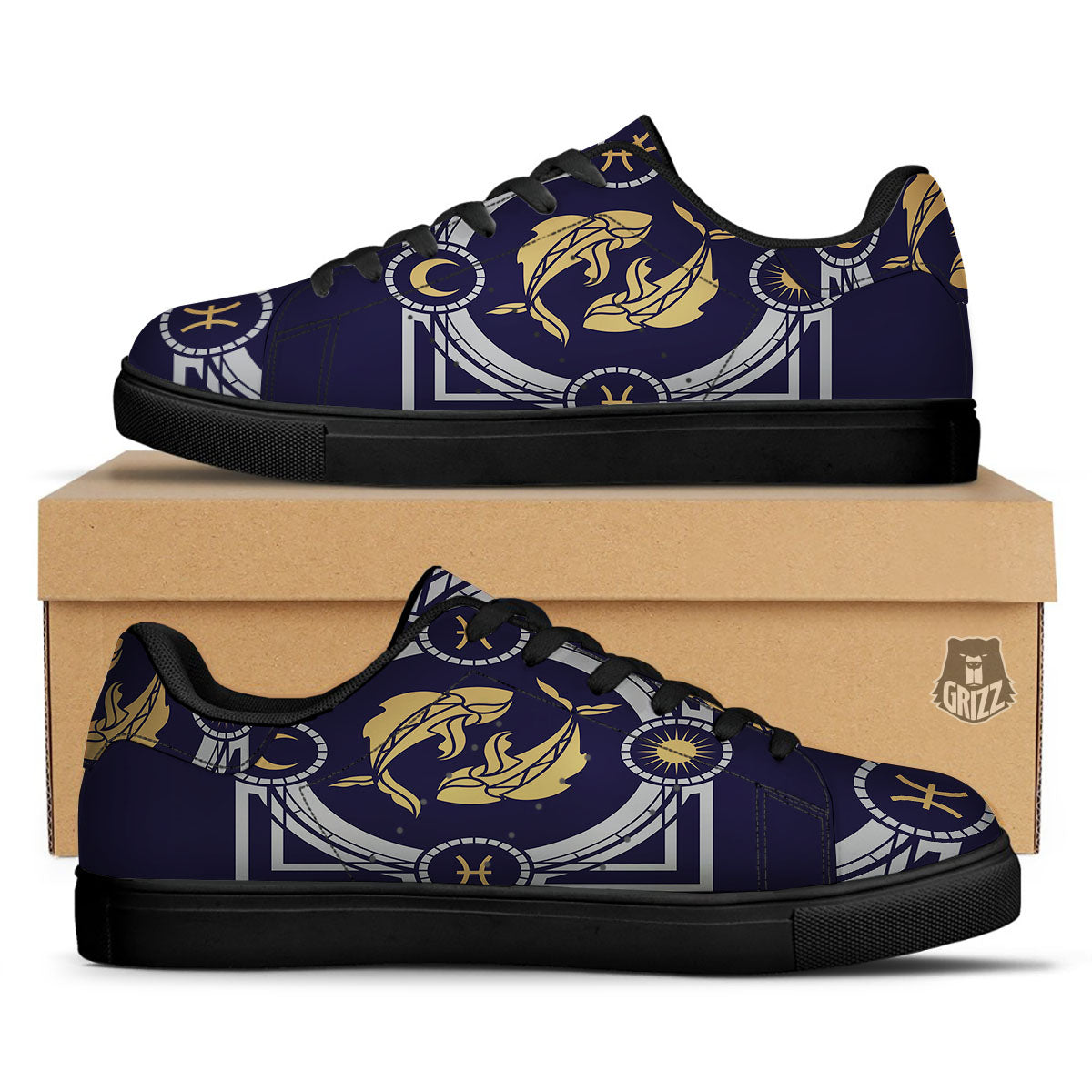 Pisces Sign Horoscope Print Black Low Top Sneakers-grizzshop