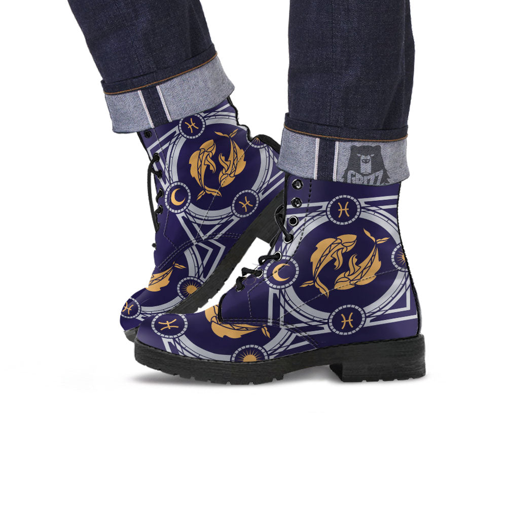 Pisces Sign Horoscope Print Leather Boots-grizzshop