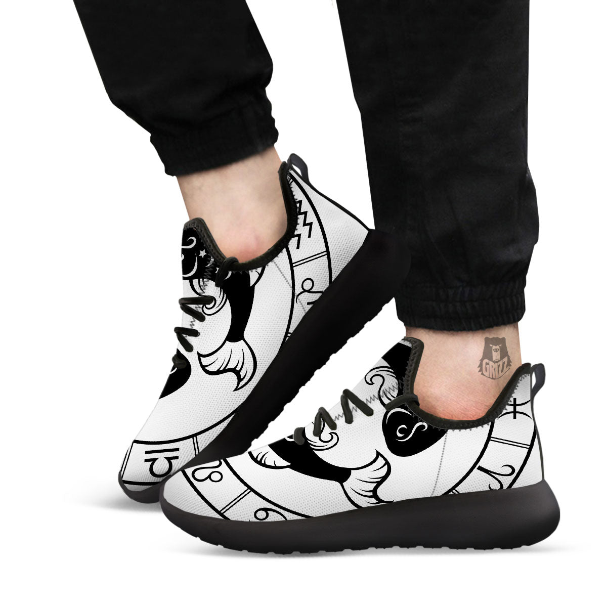 Pisces Sign White And Black Print Black Athletic Shoes-grizzshop