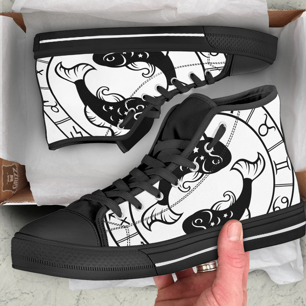 Pisces Sign White And Black Print Black High Top Shoes-grizzshop