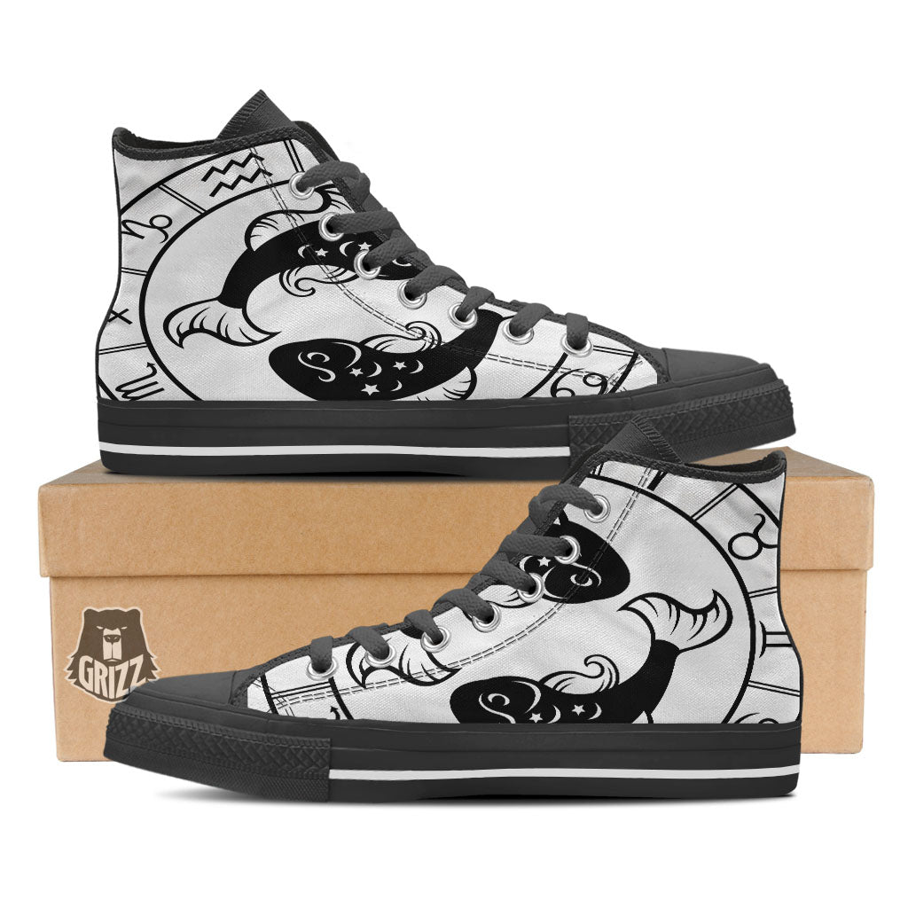 Pisces Sign White And Black Print Black High Top Shoes-grizzshop