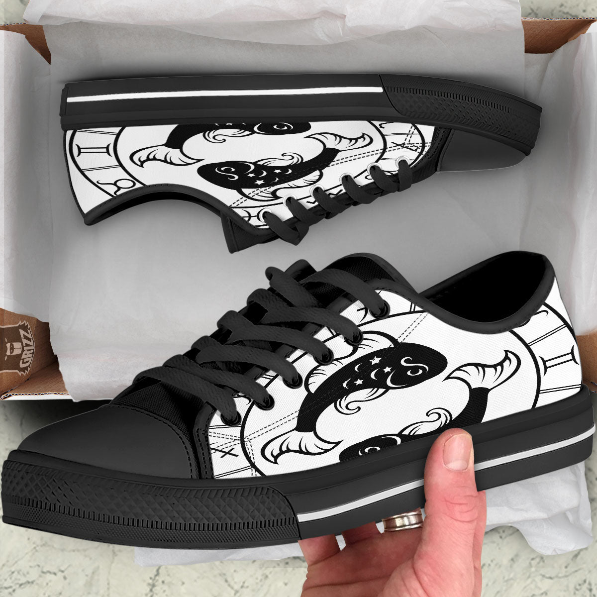 Pisces Sign White And Black Print Black Low Top Shoes-grizzshop