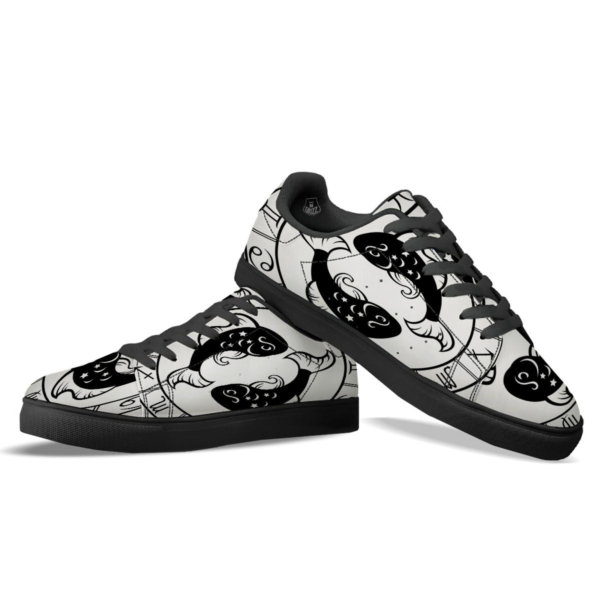 Pisces Sign White And Black Print Black Low Top Sneakers-grizzshop