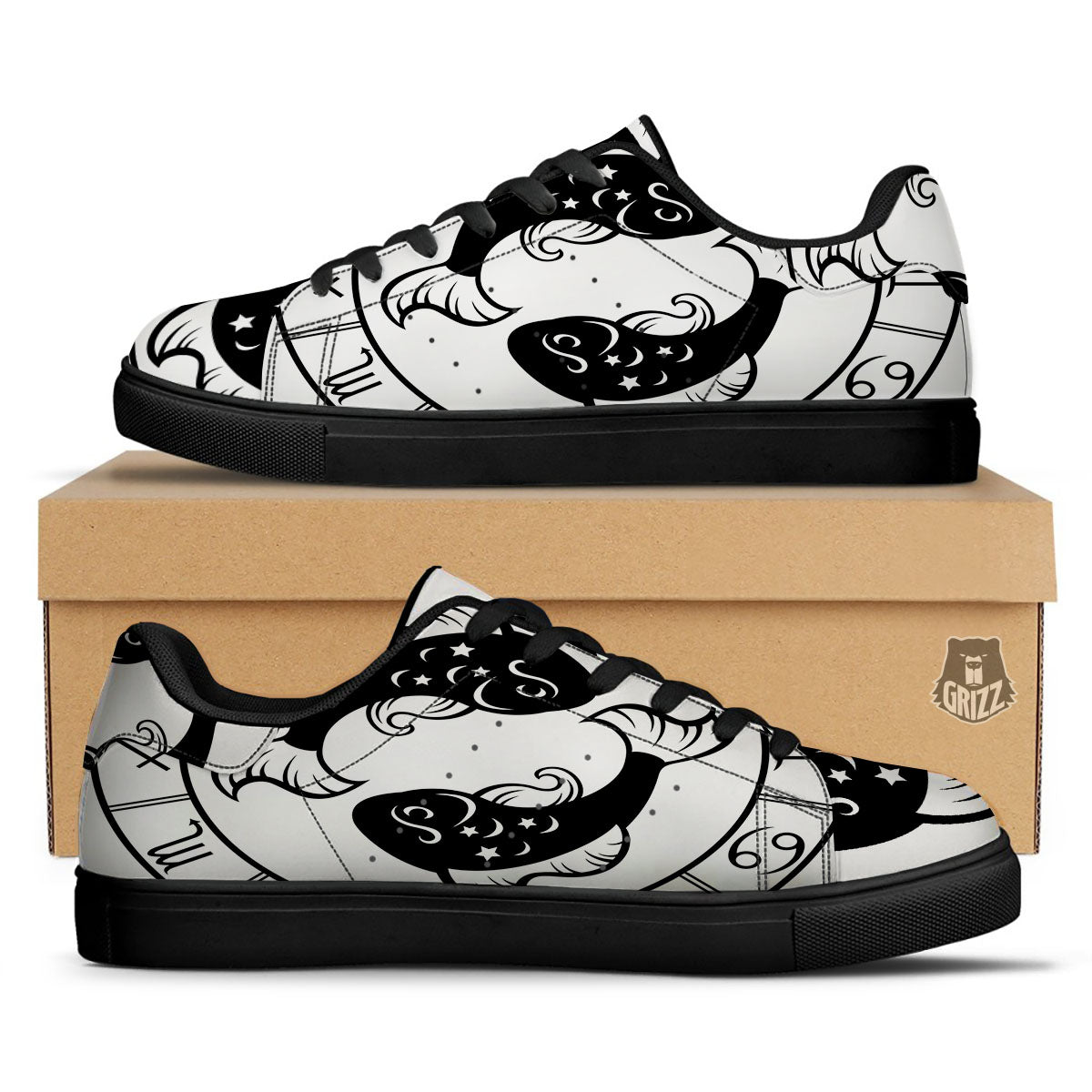 Pisces Sign White And Black Print Black Low Top Sneakers-grizzshop