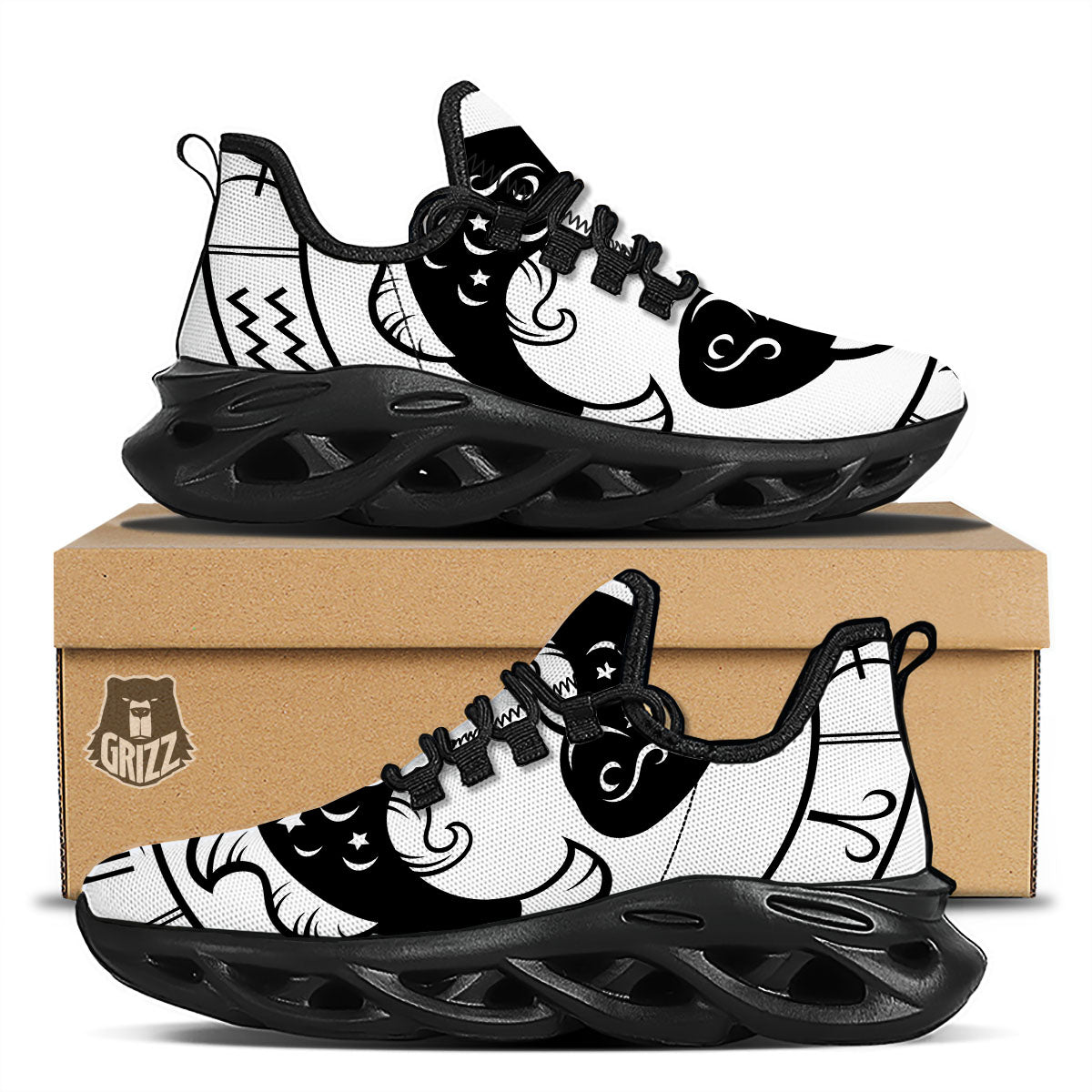 Pisces Sign White And Black Print Black Running Shoes-grizzshop