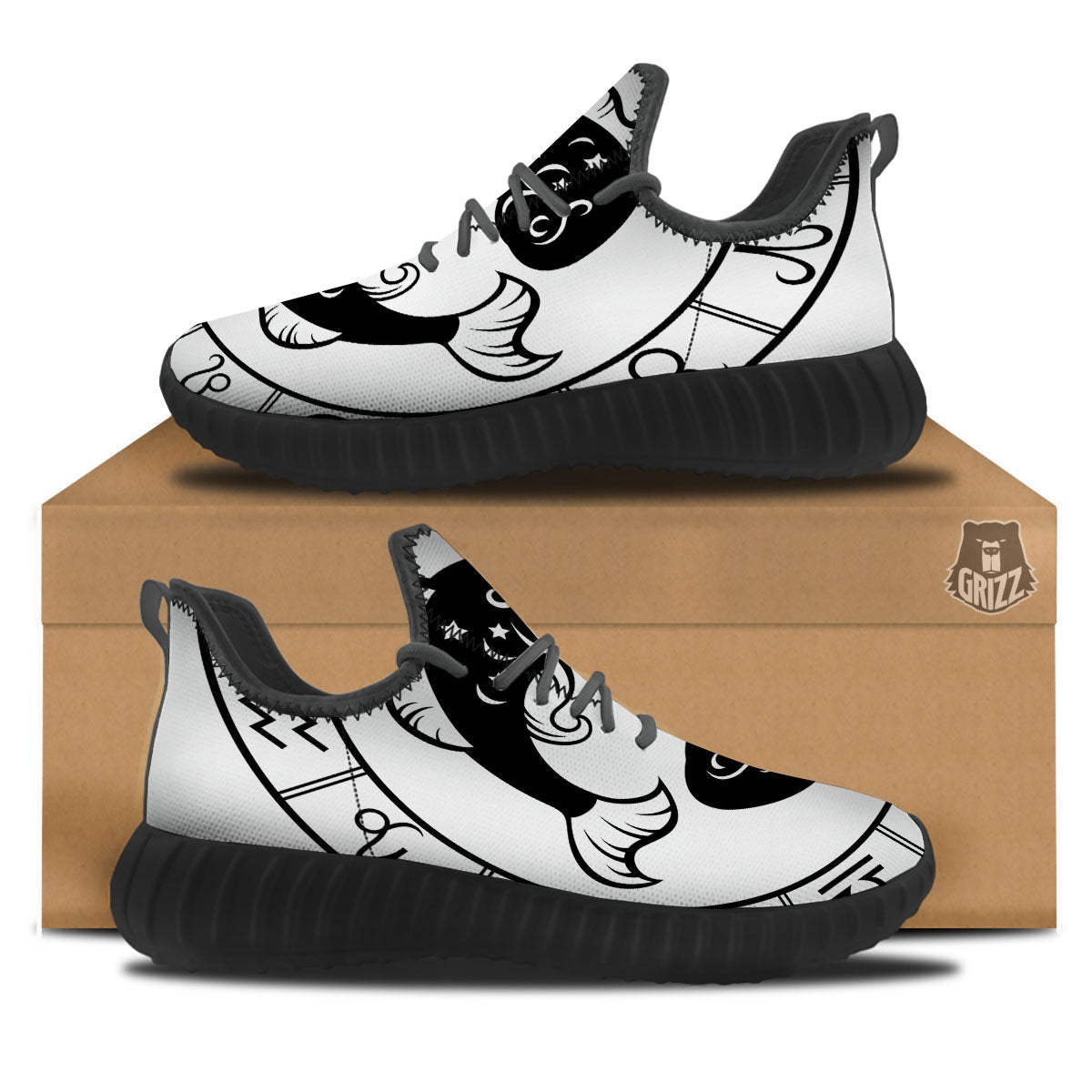 Pisces Sign White And Black Print Black Walking Shoes-grizzshop