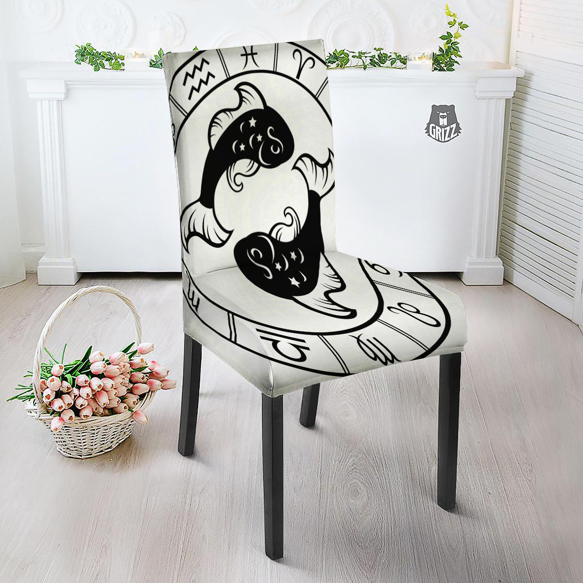 Pisces Sign White And Black Print Dining Chair Slipcover-grizzshop
