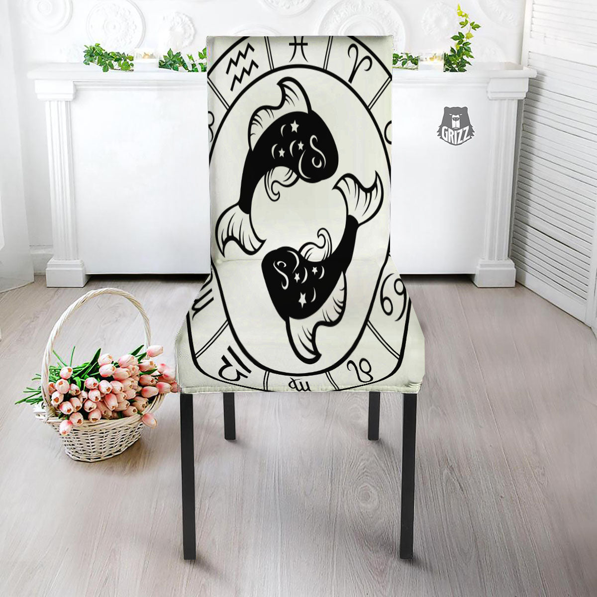 Pisces Sign White And Black Print Dining Chair Slipcover-grizzshop