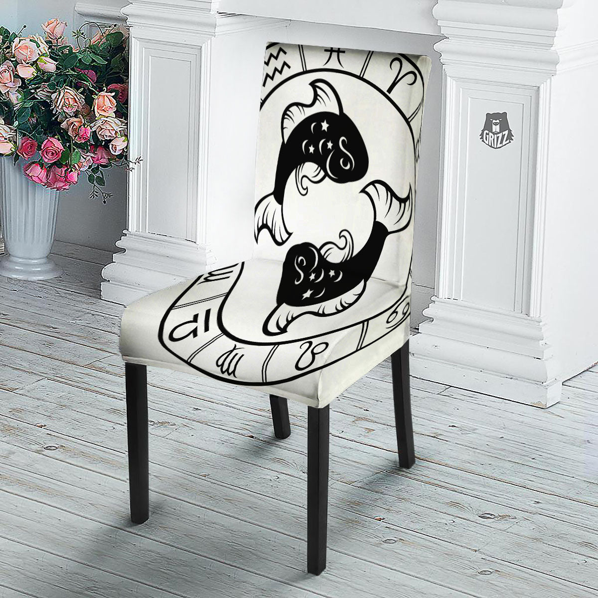 Pisces Sign White And Black Print Dining Chair Slipcover-grizzshop