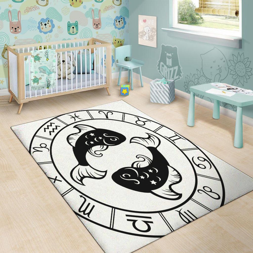 Pisces Sign White And Black Print Floor Mat-grizzshop