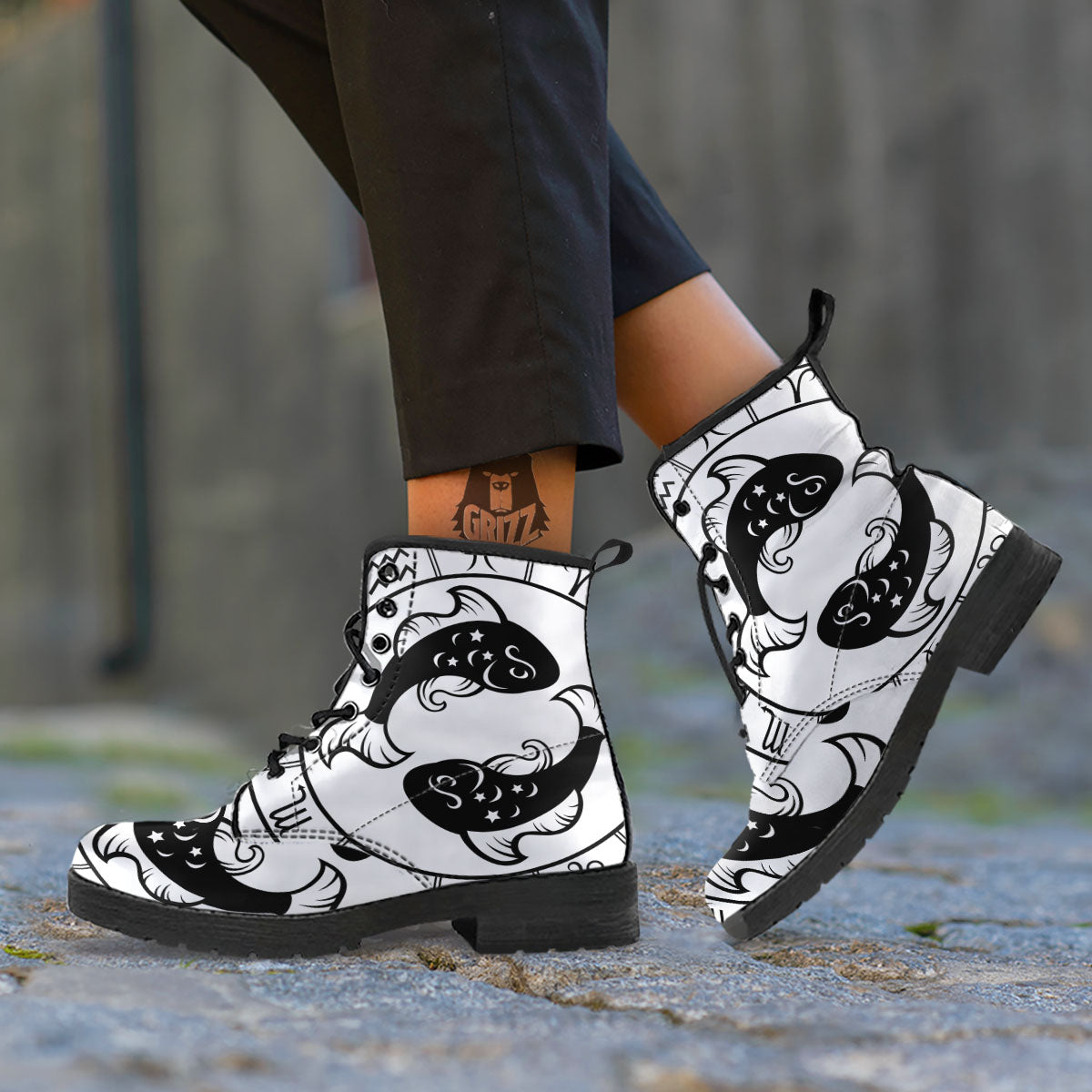 Pisces Sign White And Black Print Leather Boots-grizzshop
