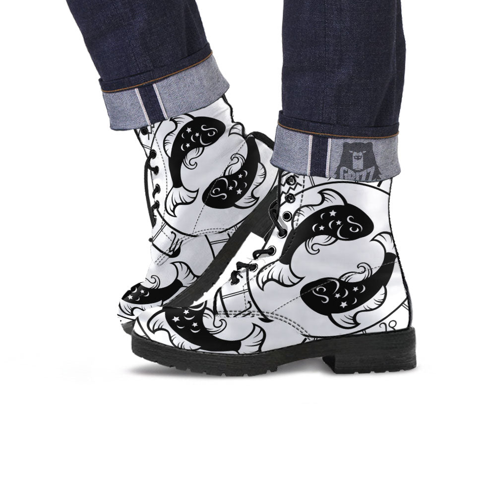 Pisces Sign White And Black Print Leather Boots-grizzshop
