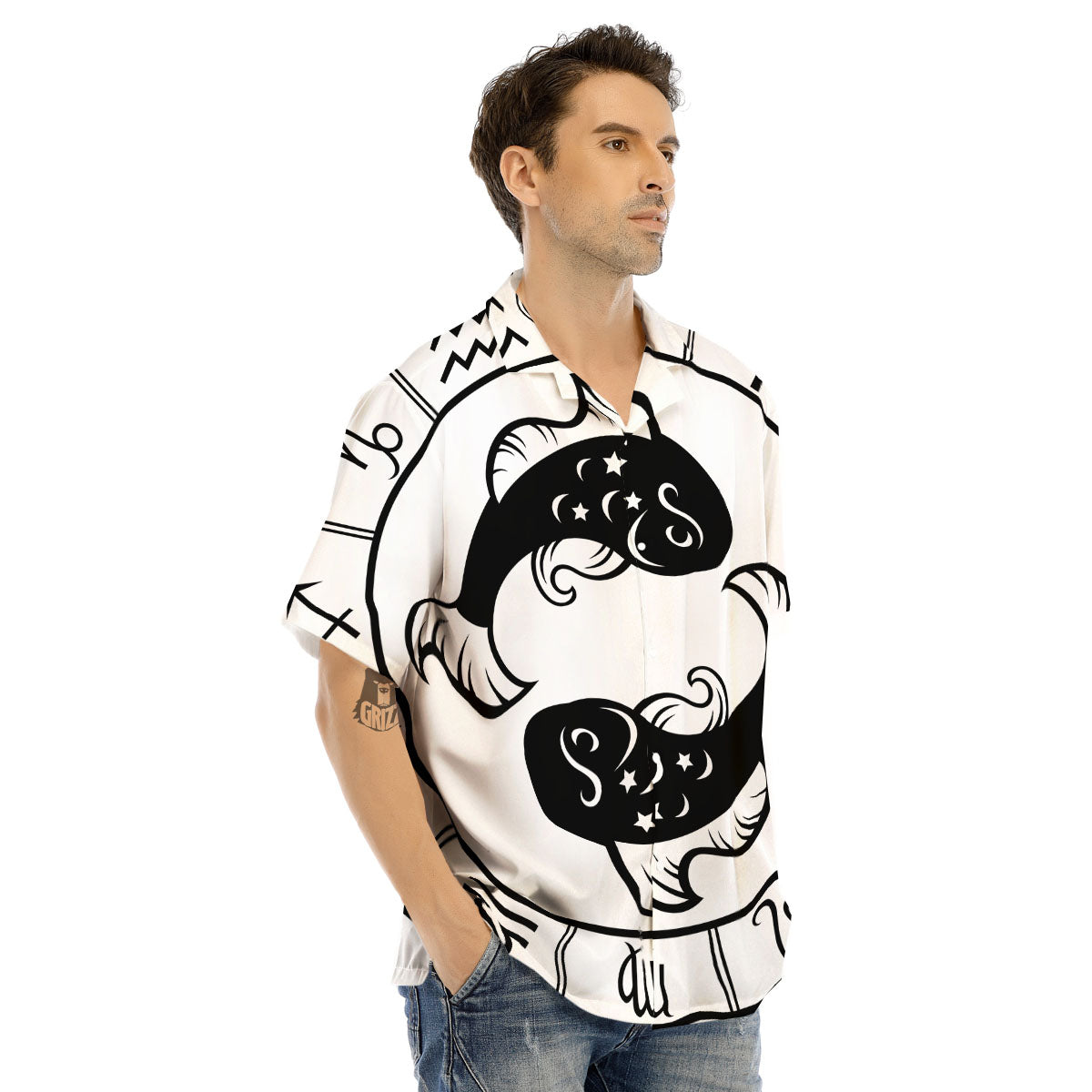 Pisces Sign White And Black Print Men's Hawaiian Shirt-grizzshop