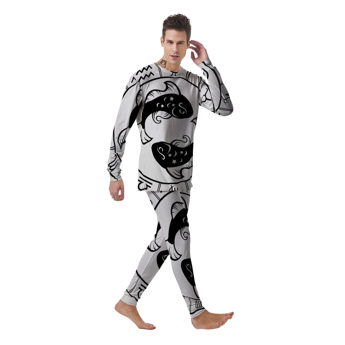 Pisces Sign White And Black Print Men's Pajamas-grizzshop