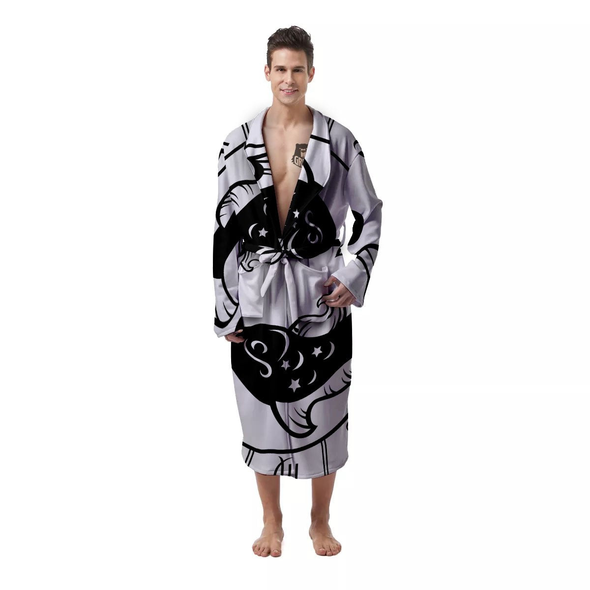 Pisces Sign White And Black Print Men's Robe-grizzshop