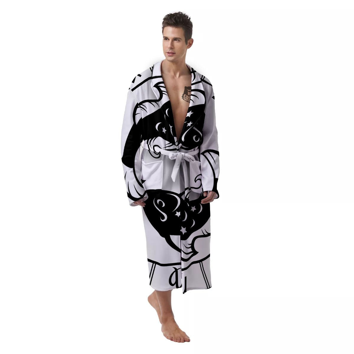 Pisces Sign White And Black Print Men's Robe-grizzshop