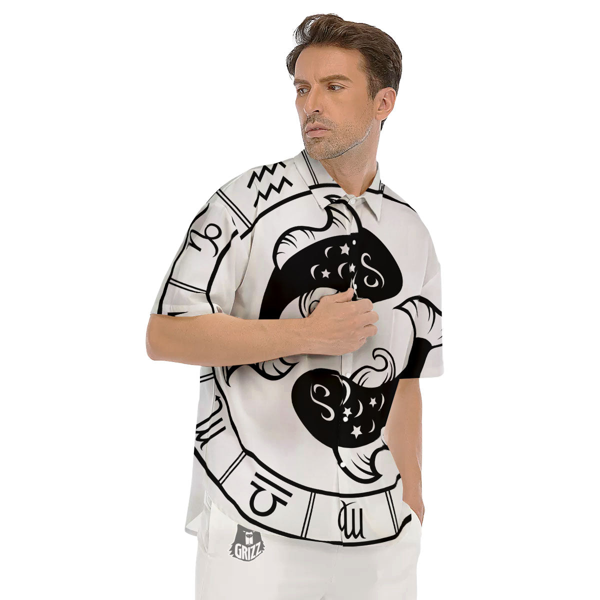 Pisces Sign White And Black Print Men's Short Sleeve Shirts-grizzshop