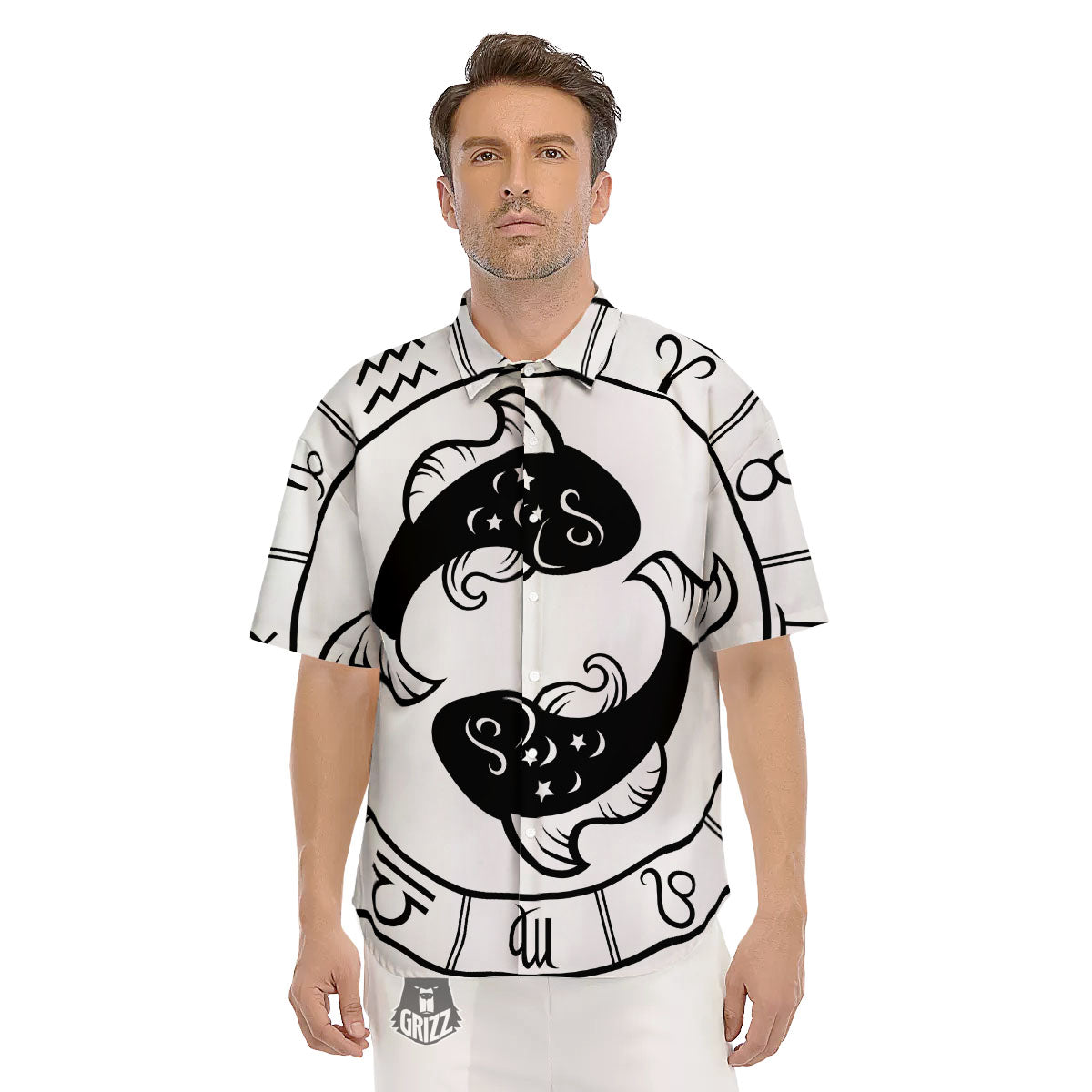Pisces Sign White And Black Print Men's Short Sleeve Shirts-grizzshop