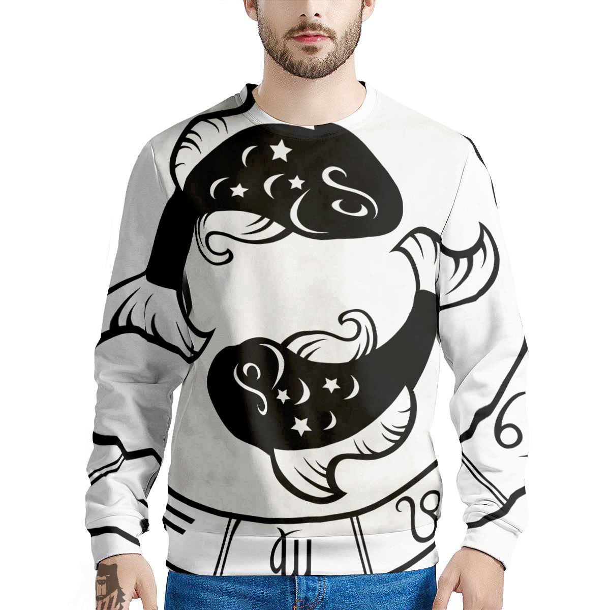 Pisces Sign White And Black Print Men's Sweatshirt-grizzshop
