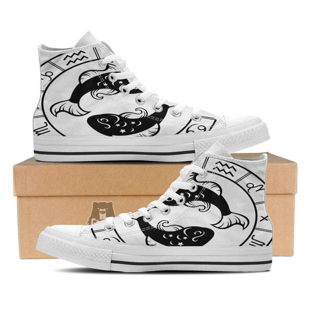 Pisces Sign White And Black Print White High Top Shoes-grizzshop
