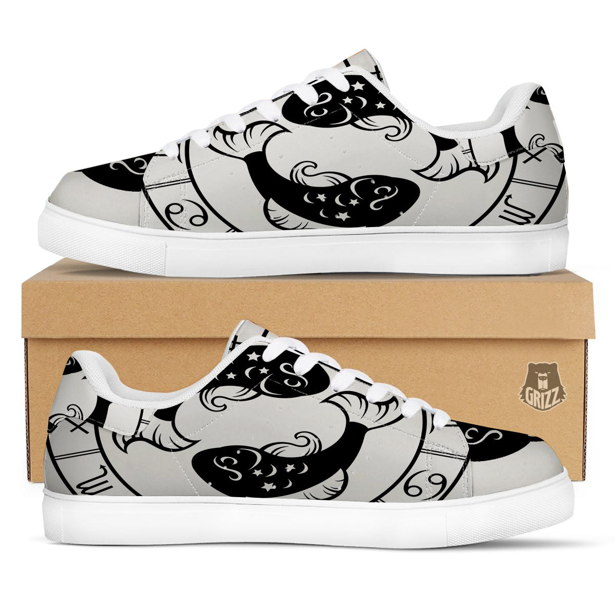 Pisces Sign White And Black Print White Low Top Sneakers-grizzshop