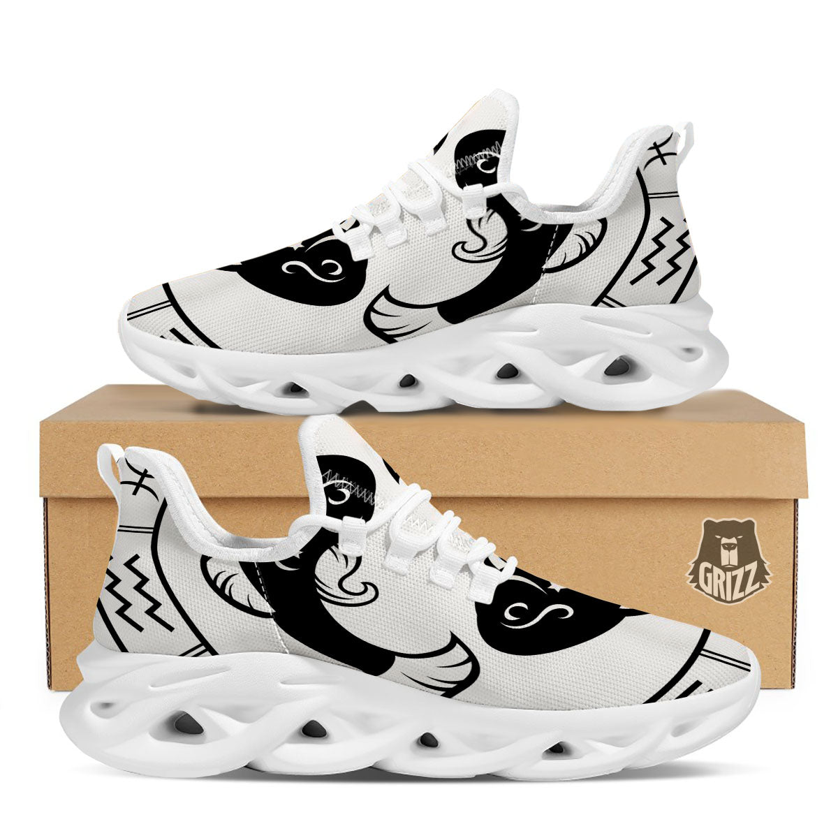 Pisces Sign White And Black Print White Running Shoes-grizzshop