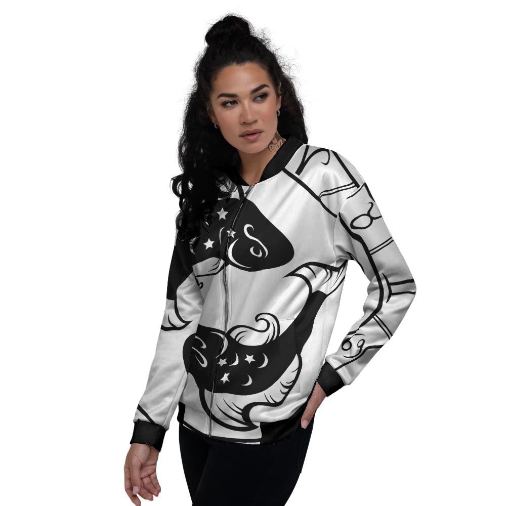 Pisces Sign White And Black Print Women's Bomber Jacket-grizzshop