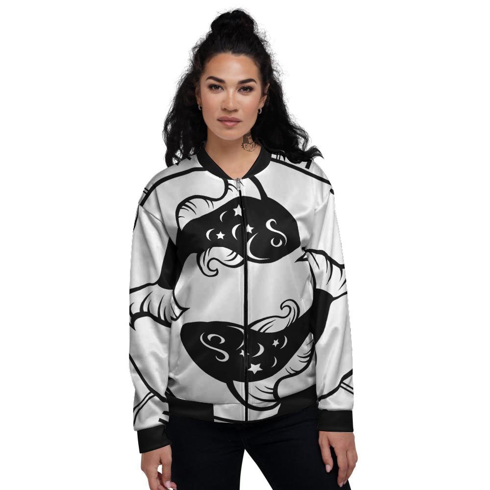 Pisces Sign White And Black Print Women's Bomber Jacket-grizzshop