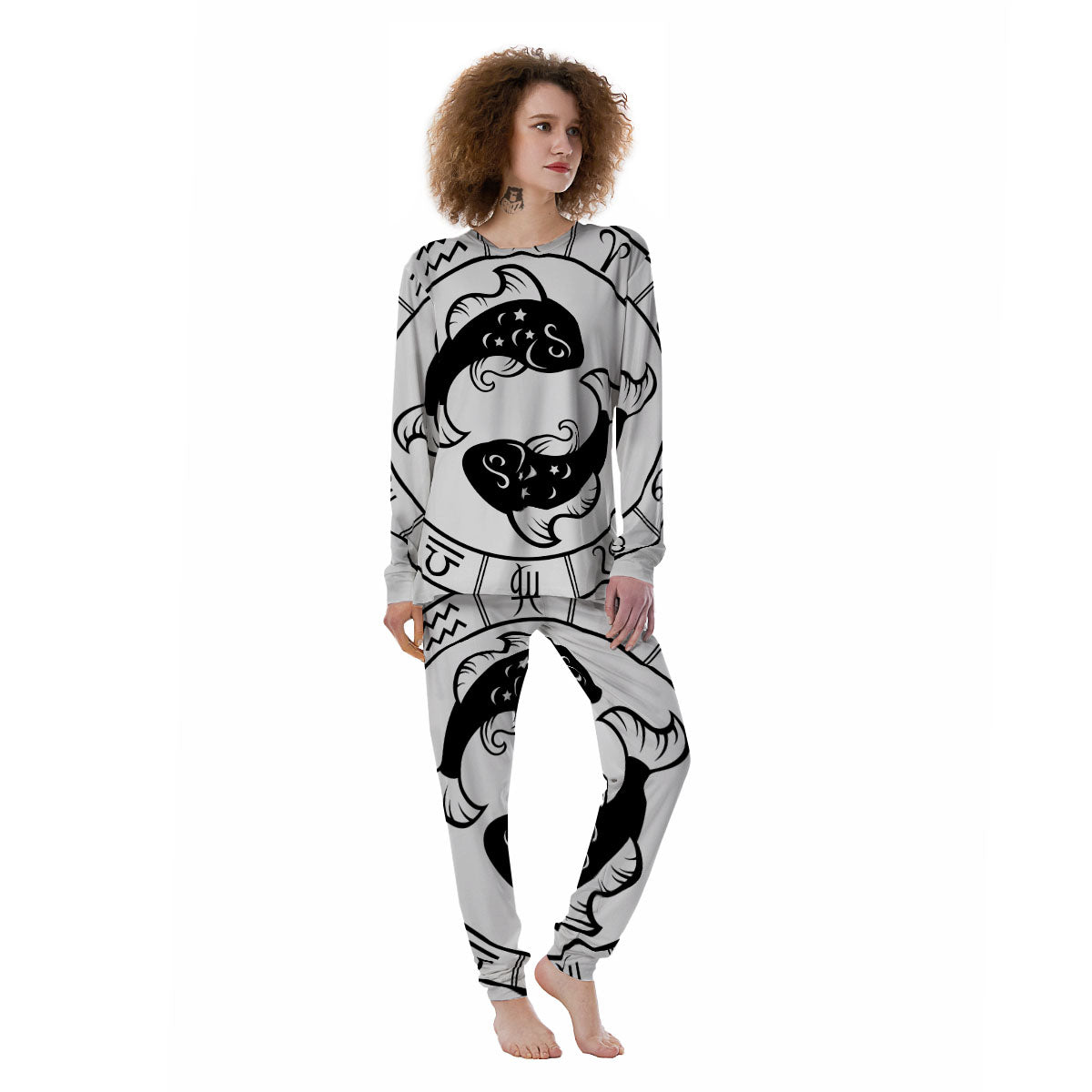 Pisces Sign White And Black Print Women's Pajamas-grizzshop