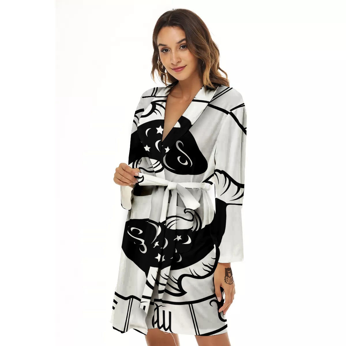 Pisces Sign White And Black Print Women's Robe-grizzshop