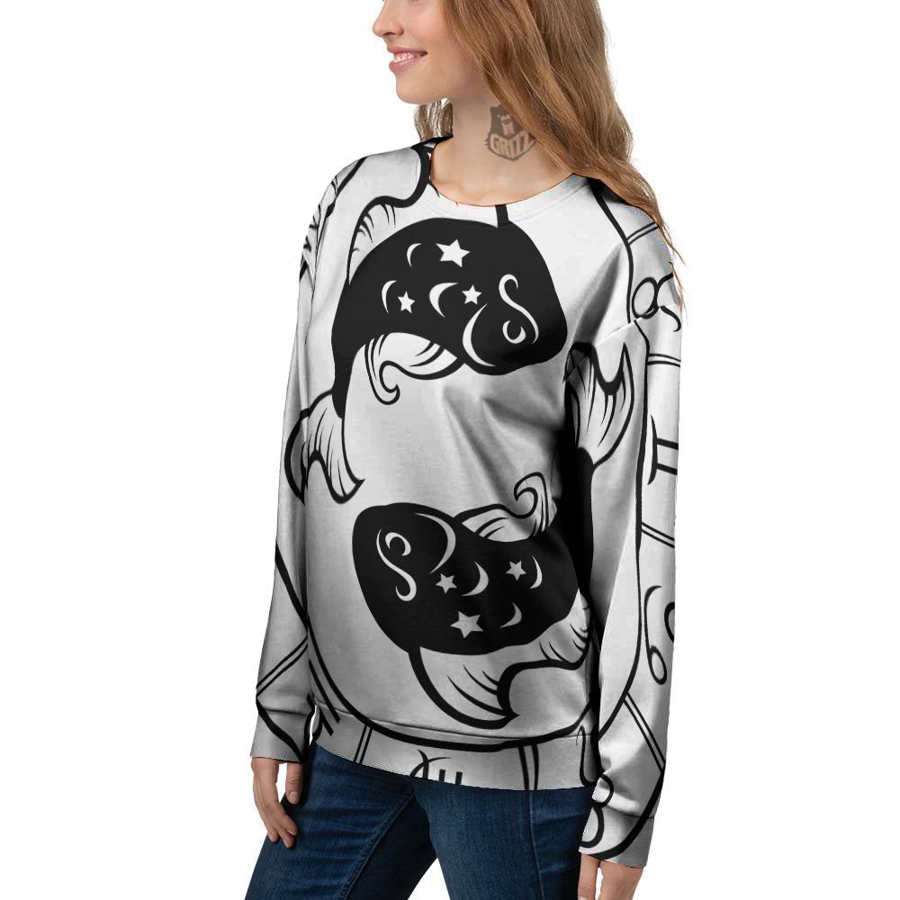 Pisces Sign White And Black Print Women's Sweatshirt-grizzshop