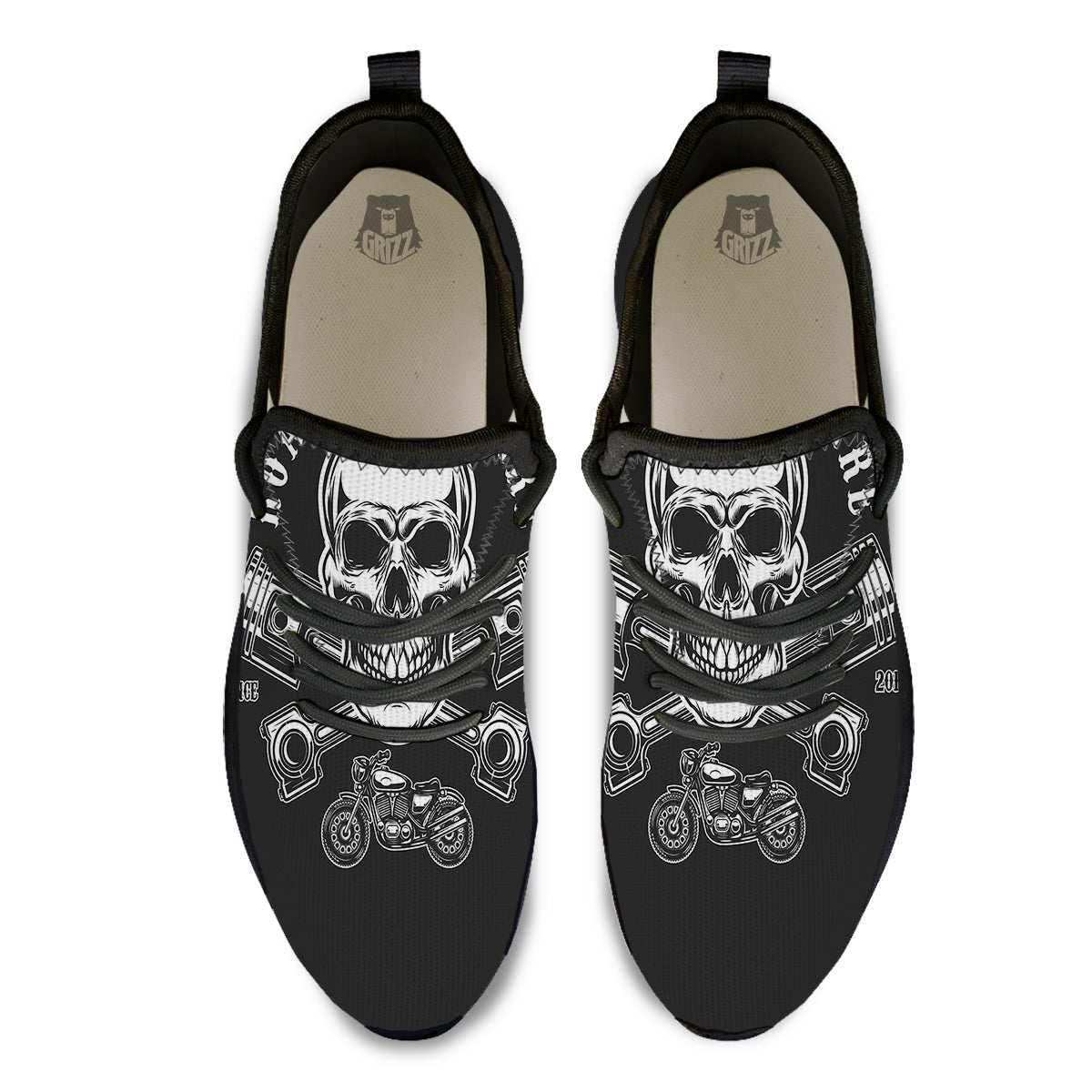 Piston Skull Mechanic Cross Print Black Athletic Shoes-grizzshop