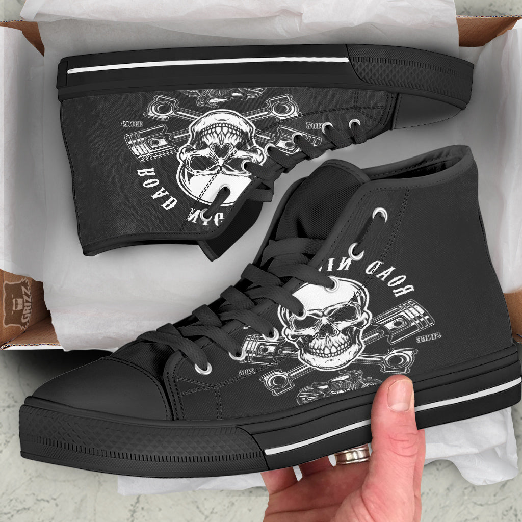 Piston Skull Mechanic Cross Print Black High Top Shoes-grizzshop