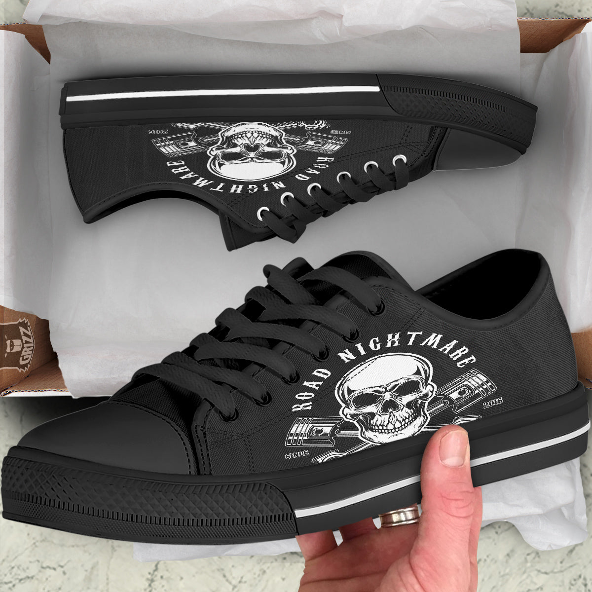 Piston Skull Mechanic Cross Print Black Low Top Shoes-grizzshop